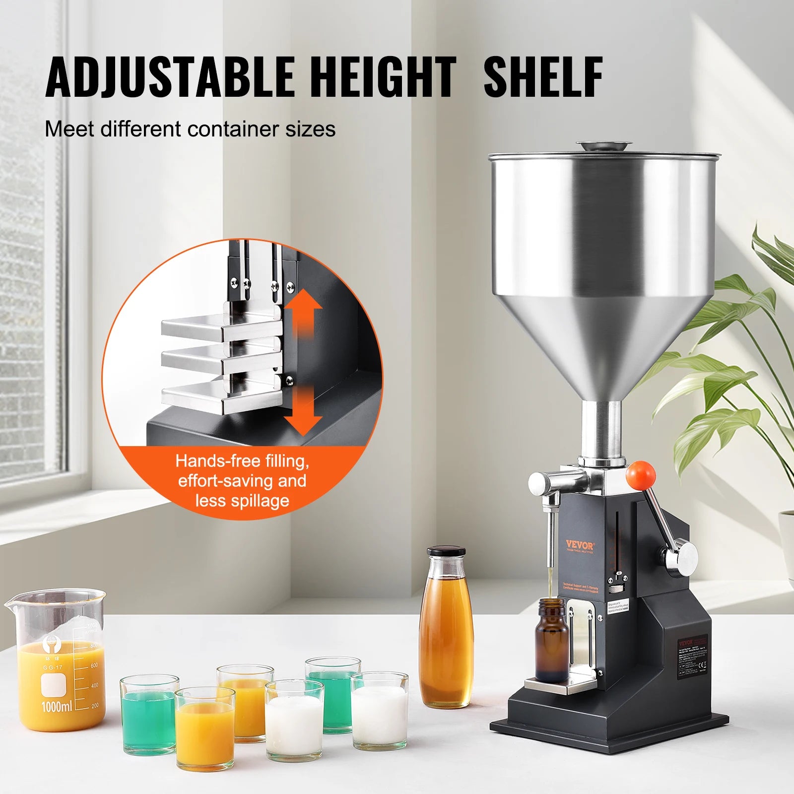 VEVOR 5-100ml Manual Paste Liquid Filling Machine Stainless Steel Adjustable Bottle Filler with Hopper for Water Juice Oil Honey