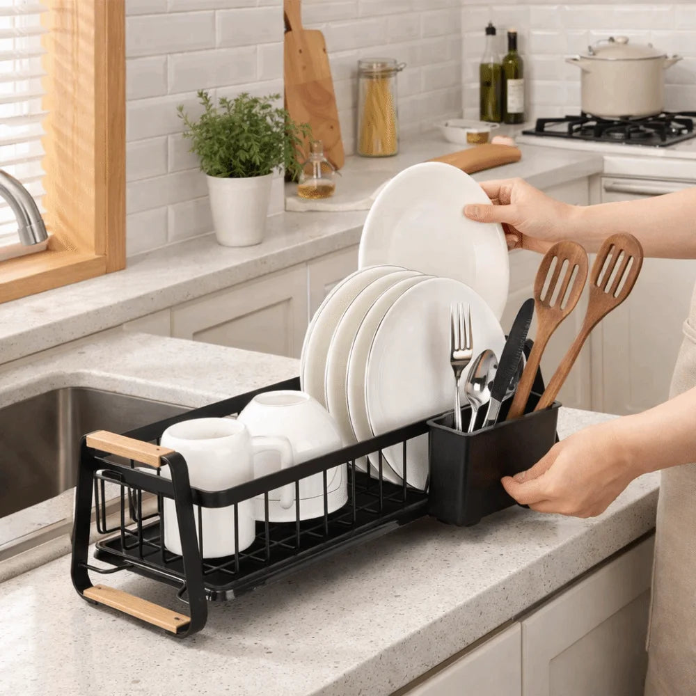 Detachable Kitchen Dish Rack Large Capacity Metal Frame Dish Drying Drain Rack Dish Drainer Wooden Handle Cutlery Cup Holders