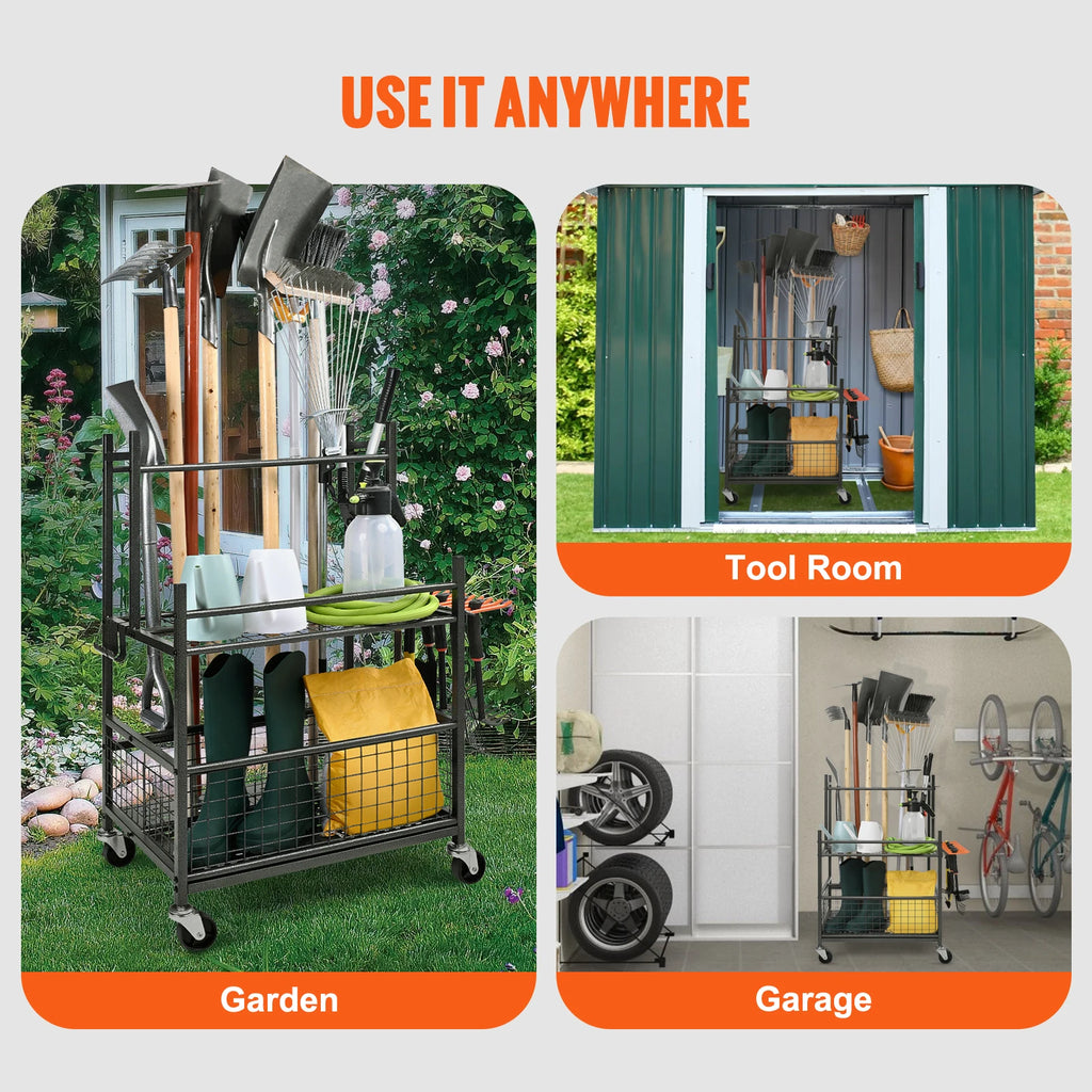 VEVOR 16 Slots Garden Tool Organizer Yard Tool Tower Rack with Hooks Wheels Long-Handled Rake Stand Holder for Garage Storage