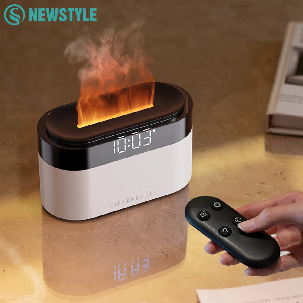 LED Clock Ultrasonic Air Humidifier with Colorful Flame Night Light an