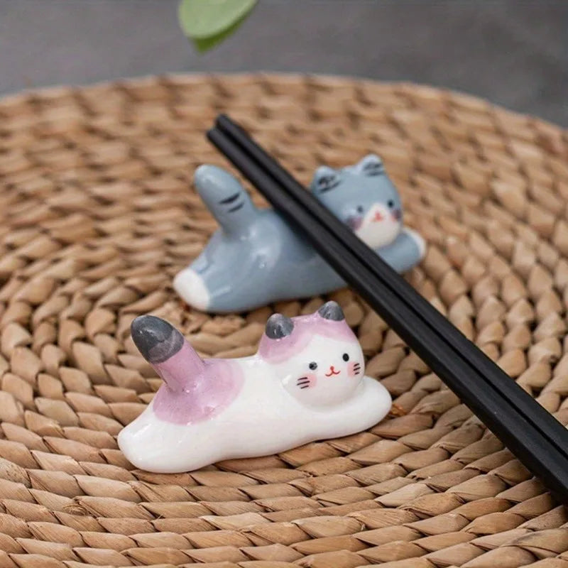 Ceramic Cat Chopstick and Utensil Holder Spoon Fork Rest Stand Japanese Style Tableware Storage Rack for Kitchen Organization