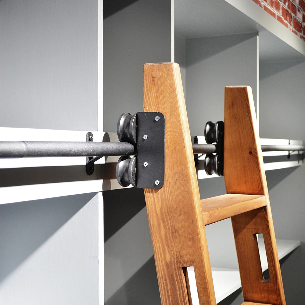 DIYHD 300cm Black Sliding Library Ladder Hardware Rolling Full Set Track Kit(No Ladder), Floor Roller with Brake