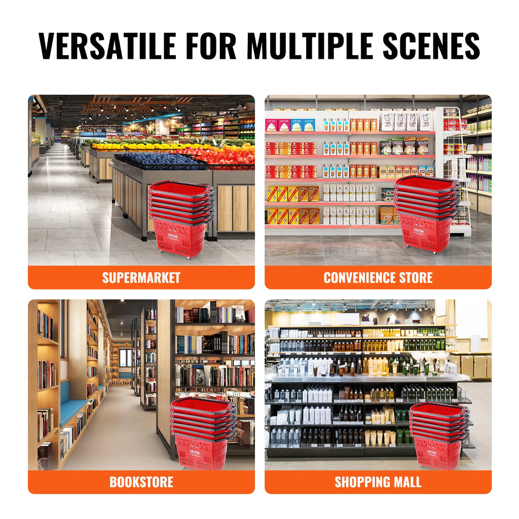 SucceBuy 6PCS Shopping Baskets 39L Rolling Shopping Carts with Handles & Wheels Portable  for Supermarkets Retail Stores Grocery