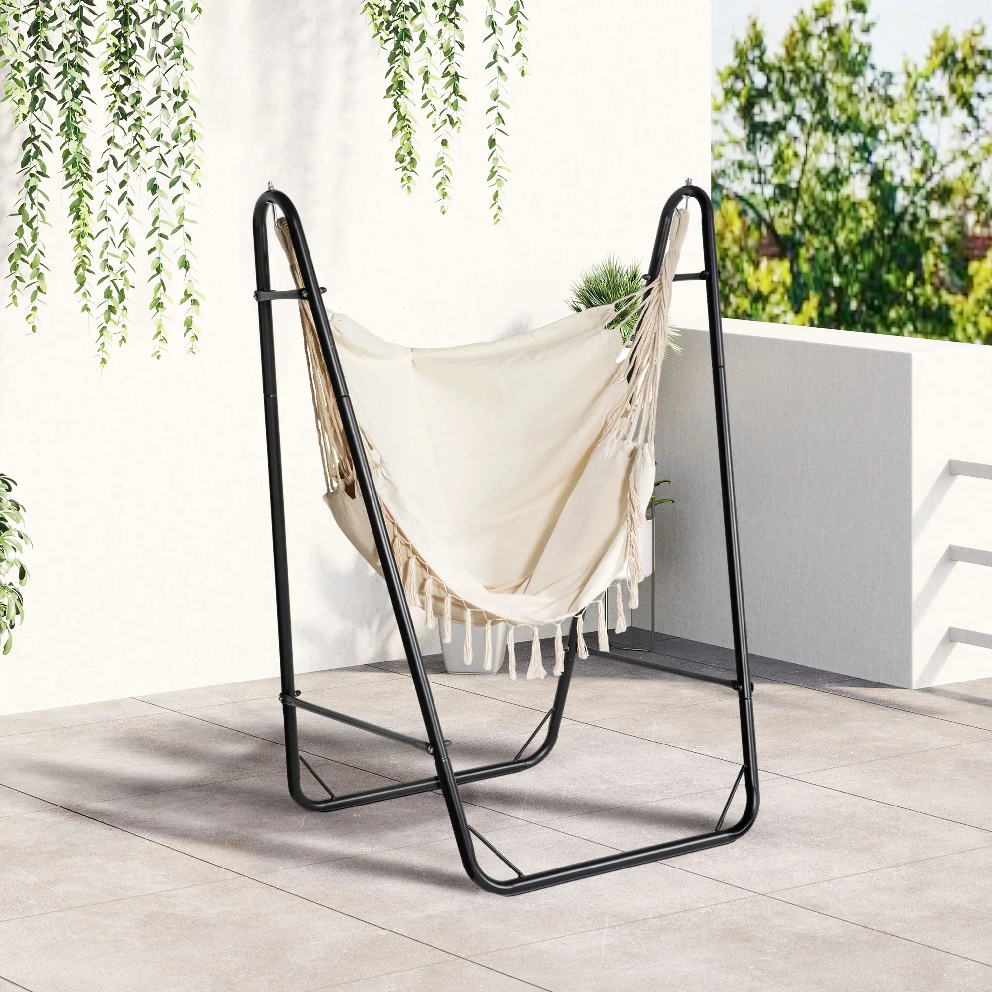 Outsunny Hammock Chair w/ Metal Stand, Hammock Swing w/ Side Pocket