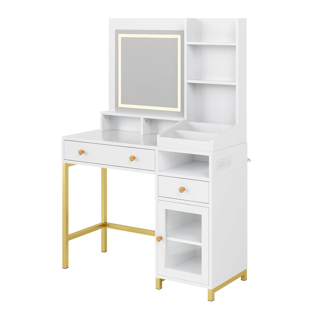 Vanity Desk with LED Lighted Mirror and Drawers Cabinet Open Storage Shelves Dressing Table for Girls Bedroom Makeup Room