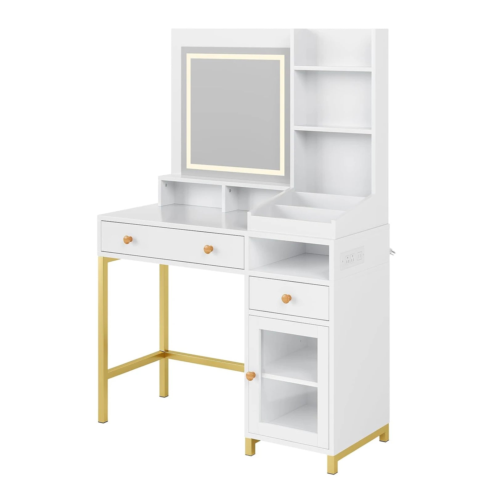 Vanity Desk with LED Lighted Mirror and Drawers Cabinet Open Storage Shelves Dressing Table for Girls Bedroom Makeup Room