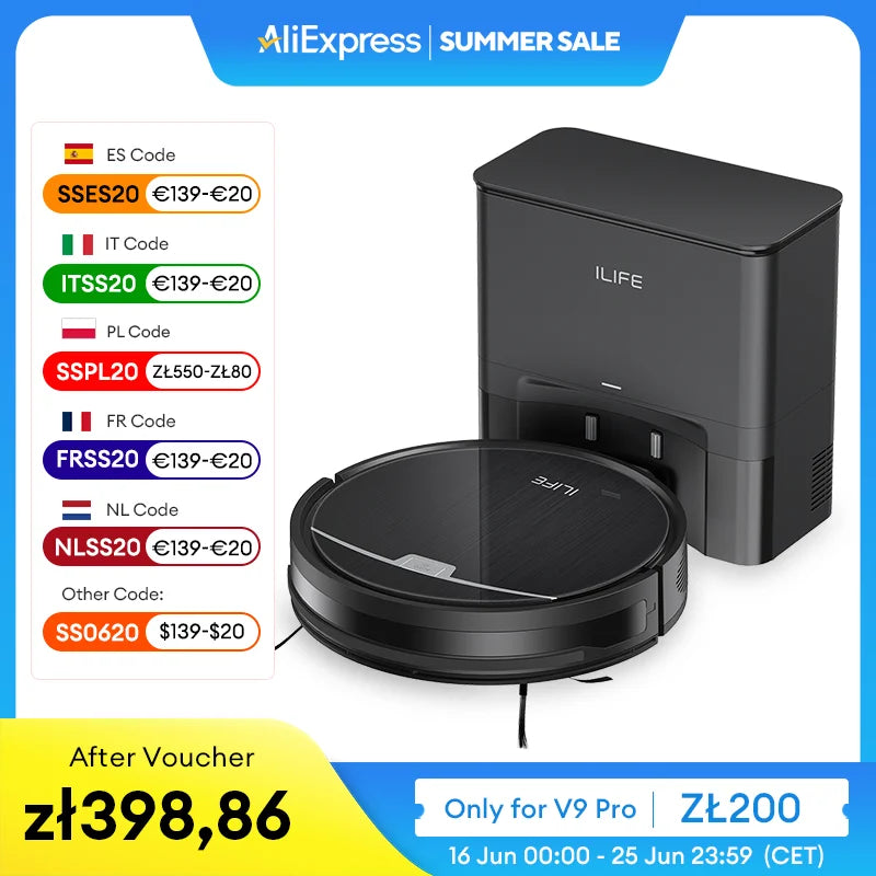 ILIFE V9Pro Robot Vacuum, Self-Emptying, 3000Pa Strong Suction, Gyro Navigation, Schedule, App/Alexa Control, for Pet Hair
