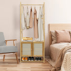 Clothes Stand with Cabinet Free-standing Bamboo Open Garment Rack with Storage Shelves Hanging Clothes Rack for Living Room