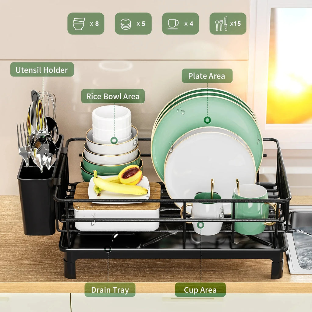 dish draining rack,Cutlery rack with drain tray and drip line,cup holder,cutlery holder,Kitchen countertop storage rack