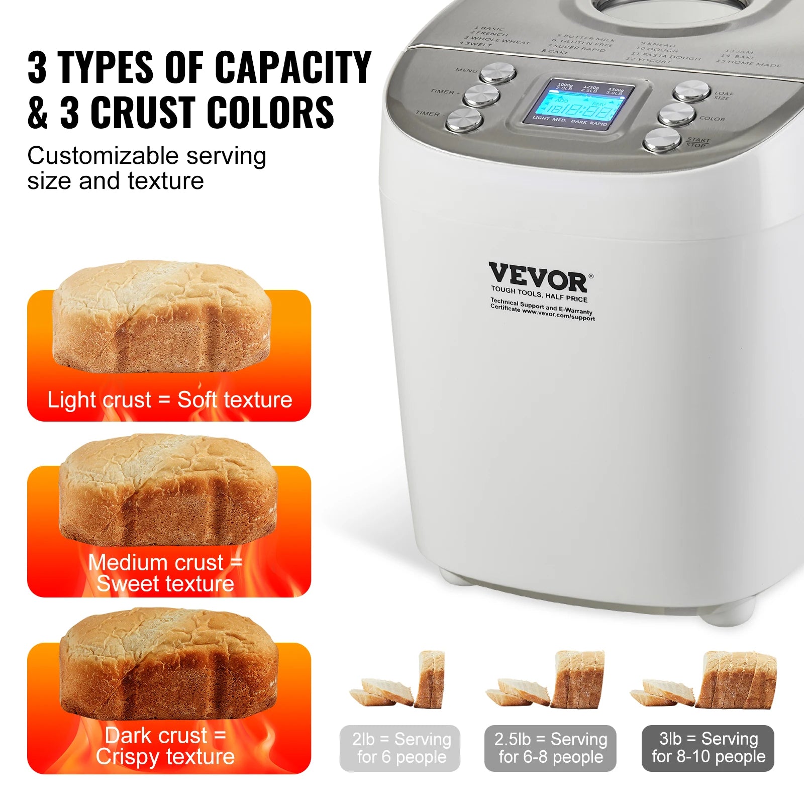 SucceBuy 2/3 LB Bread Maker 15-in-1 Dough Machine Nonstick Ceramic Pan Automatic Bread maker with Gluten Free Setting