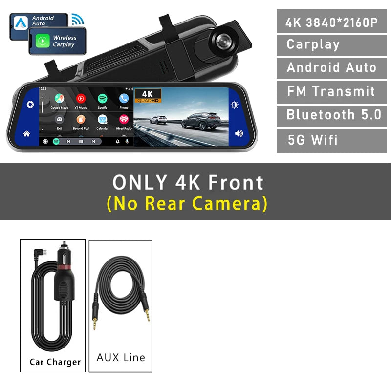 10"  Dash Cam 4K 3840*2160P Car Dvr Carplay Android Auto GPS 5G WIFI A
