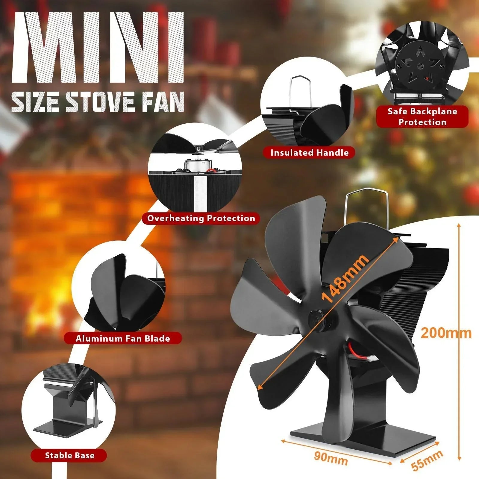 6 Blades Heat Powered Stove Fan Eco Quiet Black Log Wood Burner Fireplace Fan Winter Warmer Home Efficient Heat Distribution