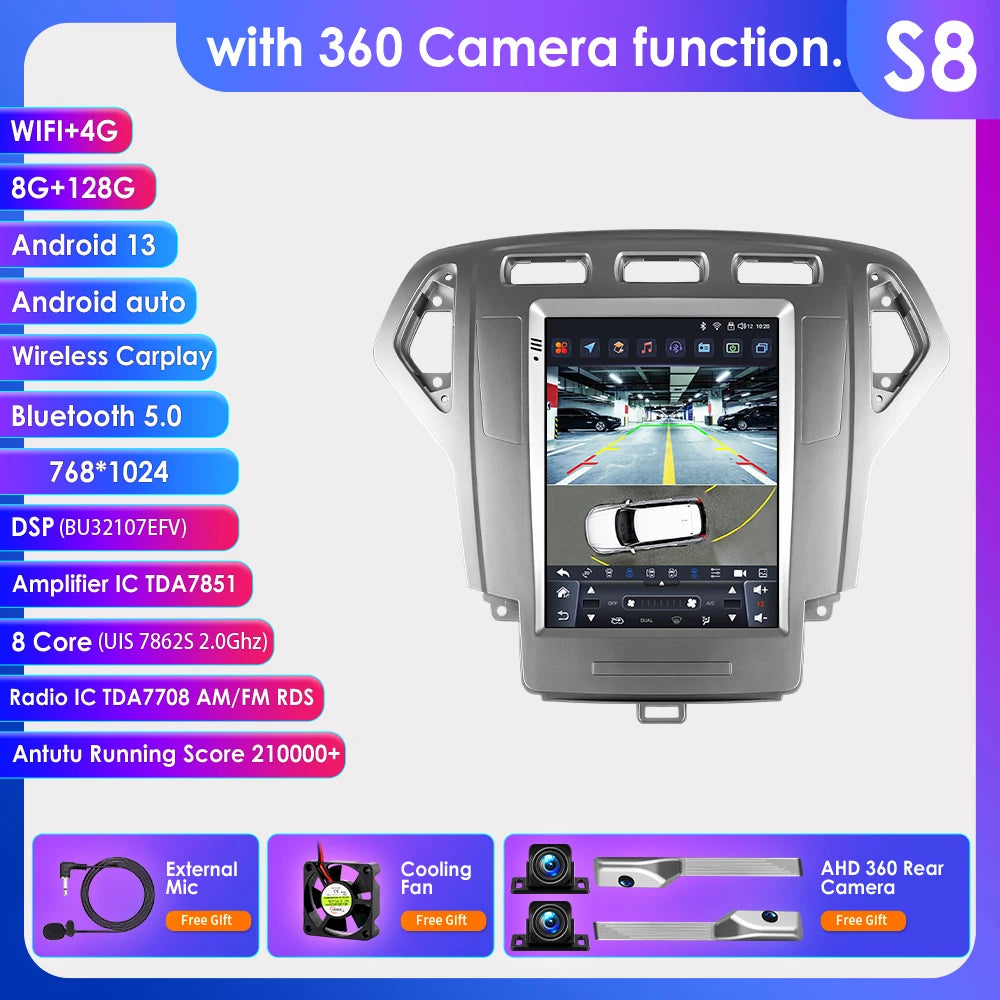 Hizpo For Tesla Style Car Radio For Ford Mondeo Mk4 Galaxy A/C 2007-2010 Carplay Screen Monitor Navigation Head Unit Player DSP