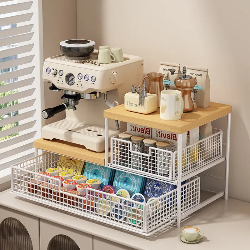 Space-Saving Kitchen Countertop Organizer with Drawer & Wire Basket - Sturdy Hardwood Shelf for Coffee Maker.