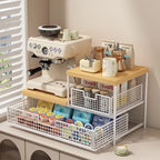 Space-Saving Kitchen Countertop Organizer with Drawer & Wire Basket - Sturdy Hardwood Shelf for Coffee Maker.