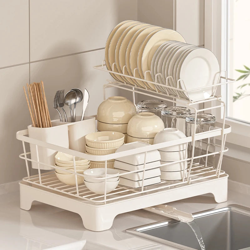 Compact Japanese Kitchen Dish Drainer Steel Dish Rack with Removable Plate Utensil Holder And Dual-Layer Chopstick Holder