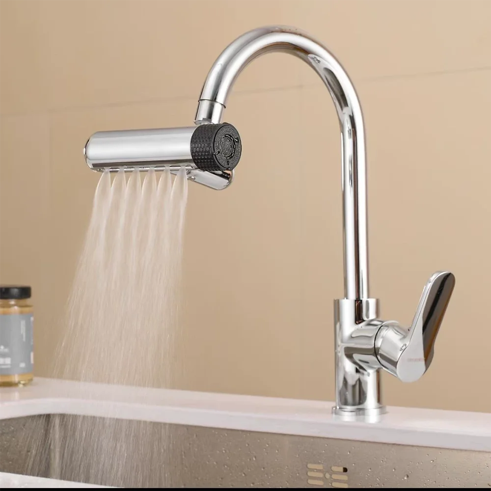New 6 Modes Kitchen Faucet Waterfall Spout Splash-Proof Universal 360° Rotating Aerator Multi-Function Faucet Spout Extender