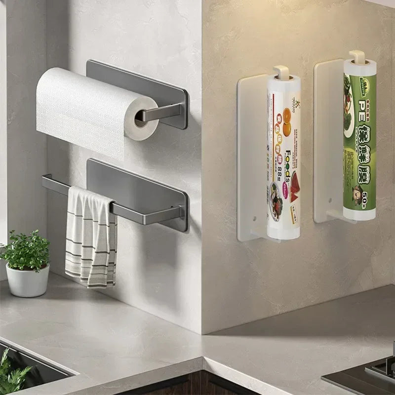 Kitchen Tissue Holder Without Punching Strong and Traceless Cling Film Cloth Storage Rack Cabinet Roll Paper Storage Rack