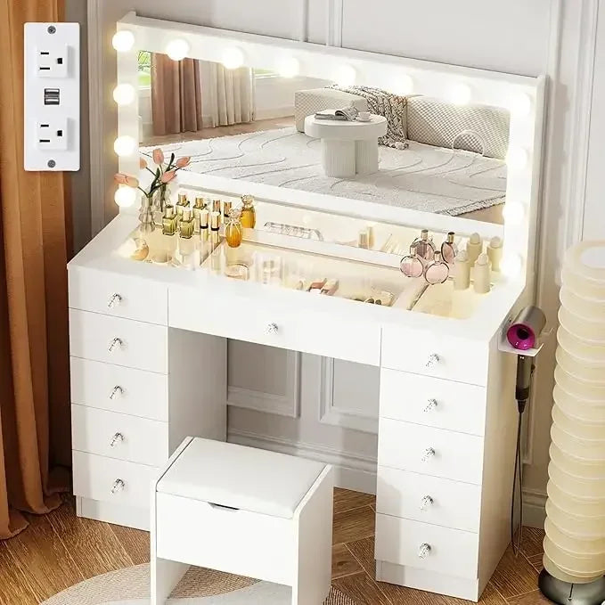 Dressing Table with Illuminated Mirror, with Glass Top and 11 Drawers, 3 Color Lighting Modes, Dresser with Upholstered Stool