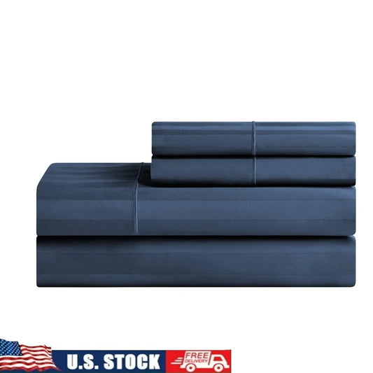 600 Thread Count Egyptian Cotton Bed Sheets Set 4-Piece Full Size True Grip Fitted Sheet Navy Stripe Sateen Luxury Bedding