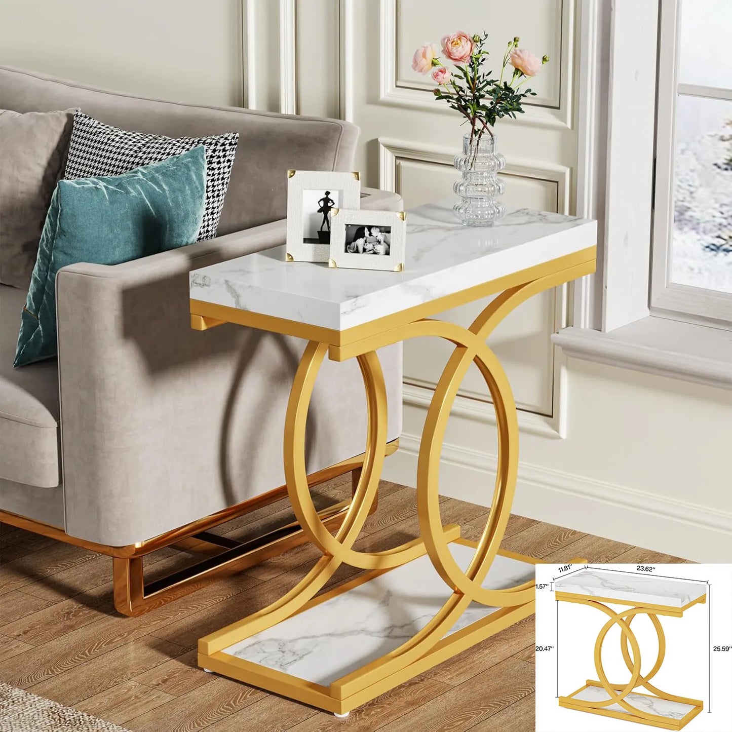 Square End Table White Gold 2-Tier Side Table Modern Small Bedside Table with Storage for Couch ( Faux Marble White+Gold)