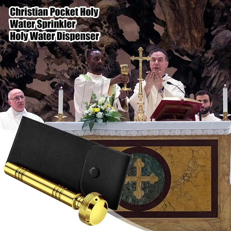 Christian Pocket Holy Water Sprinkler with Leather Storage Bag Religious Copper Holy Water Container Dispenser Travel Sprinkler
