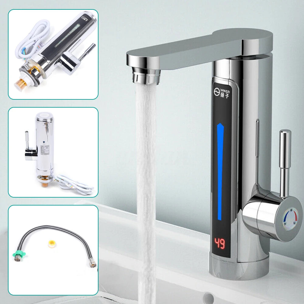 3300W Electric Faucet Electric Continuous Heater Ambient Light Temperature LED Display Instant Heating Water Tap Stainless Steel
