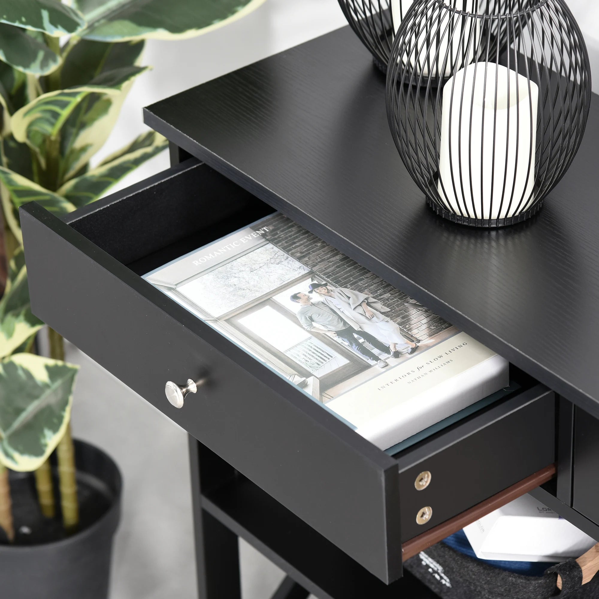 HOMCOM Console Table Side Desk Shelves Drawers Open Top X Support Hallway Black