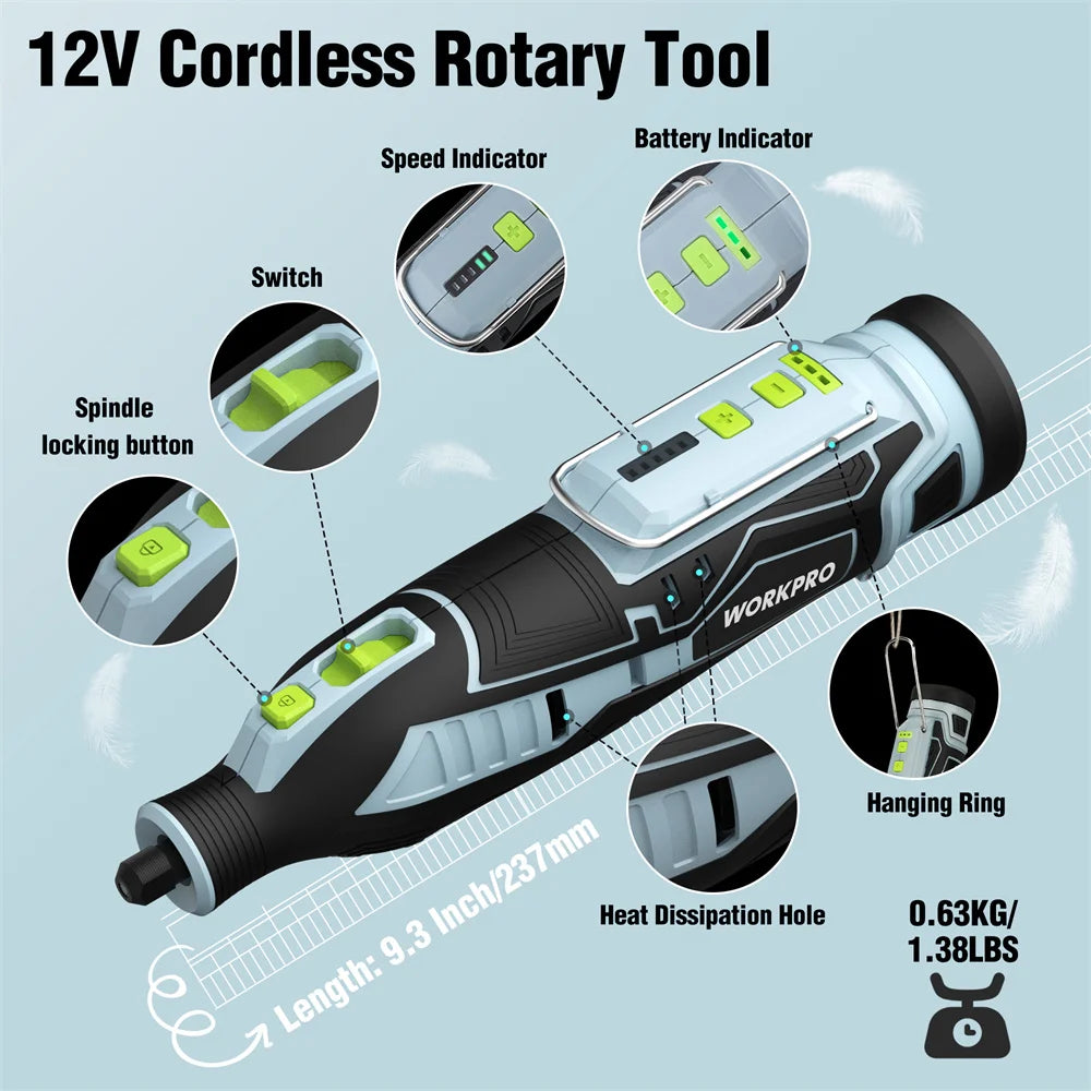 WORKPRO 12V Cordless Rotary Tool Kit Woodworking Engraving Polishing Pen DIY For Jewelry Metal Glass Mini Wireless Drill