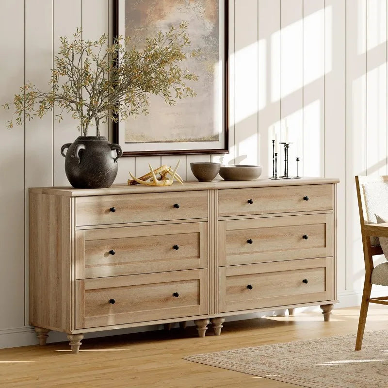WAMPAT Dresser for Bedroom with 6 Drawers，Mid Century Modern Wooden Closet Storage Organizer