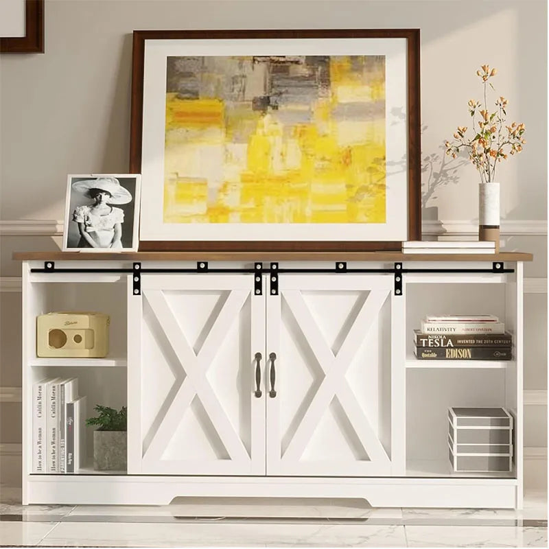 59-inch Farmhouse Rustic Oak and Whitewood Corner TV Stand with 2 Sliding Barn Doors (Maximum TV Size 65-inch) and Adjustable Sh