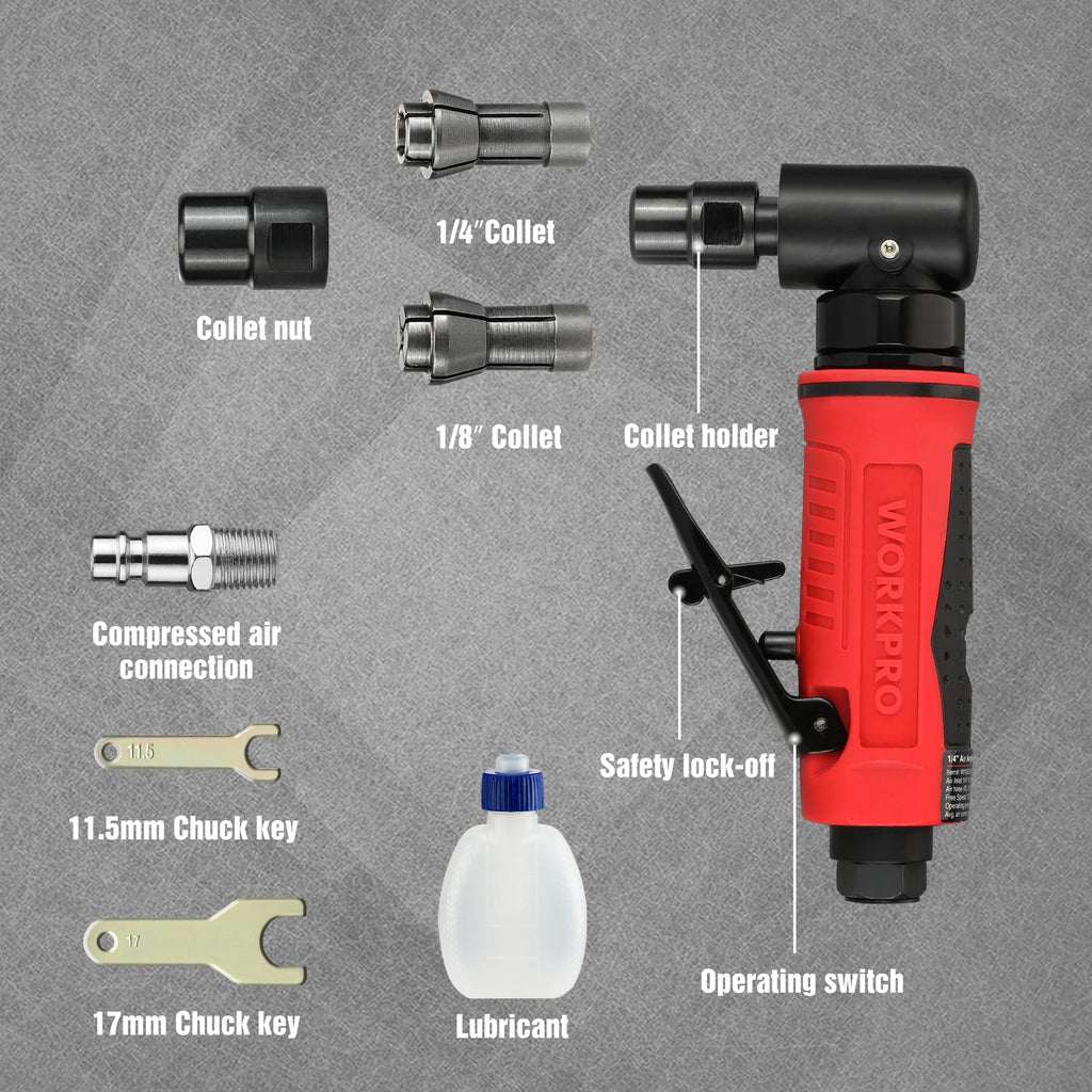 WORKPRO Air Angle Die Grinder 1/4'' Pneumatic Right Pneumatic Angle Grinder Air-Powered 90 Degree for Grinding Cutting Polishing
