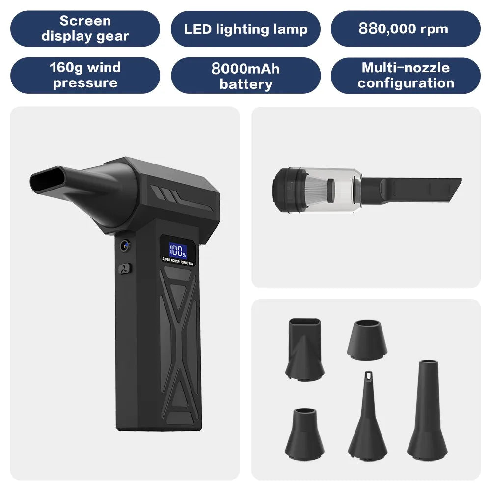 990000RPM Violent Fan Dust Blowing Brushless Ultra Turbo Fan Jet Battery Display High-Speed Handheld Powerful Blower Low Noise
