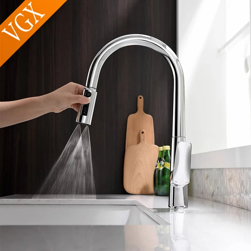 VGX Filter Water Kitchen Faucet Dual Spout Pure Drinking Water Tap Pull Out Kitchen Sink Mixer Faucet Gourmet Brass Crane Gold