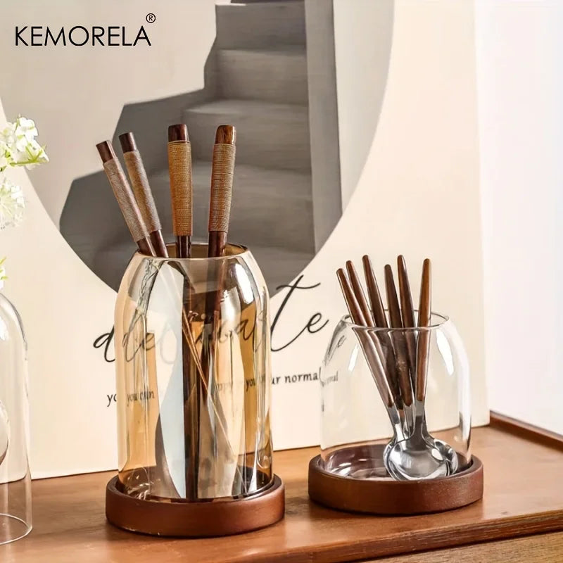 KEMORELA 1PCS Tableware Storage Jar with Tray Chopsticks Organizer Knife Fork Rack Fruit Fork Holder for Kitchen Organization