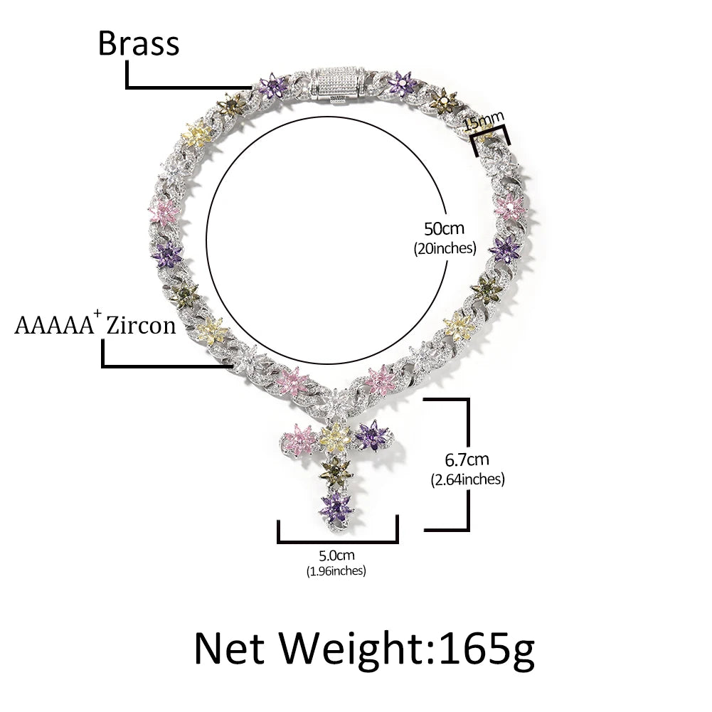 Colorful Flower Cuban Chain - Full Paved Iced Out Baguette CZ Hip Hop Necklace | AlluCanFind