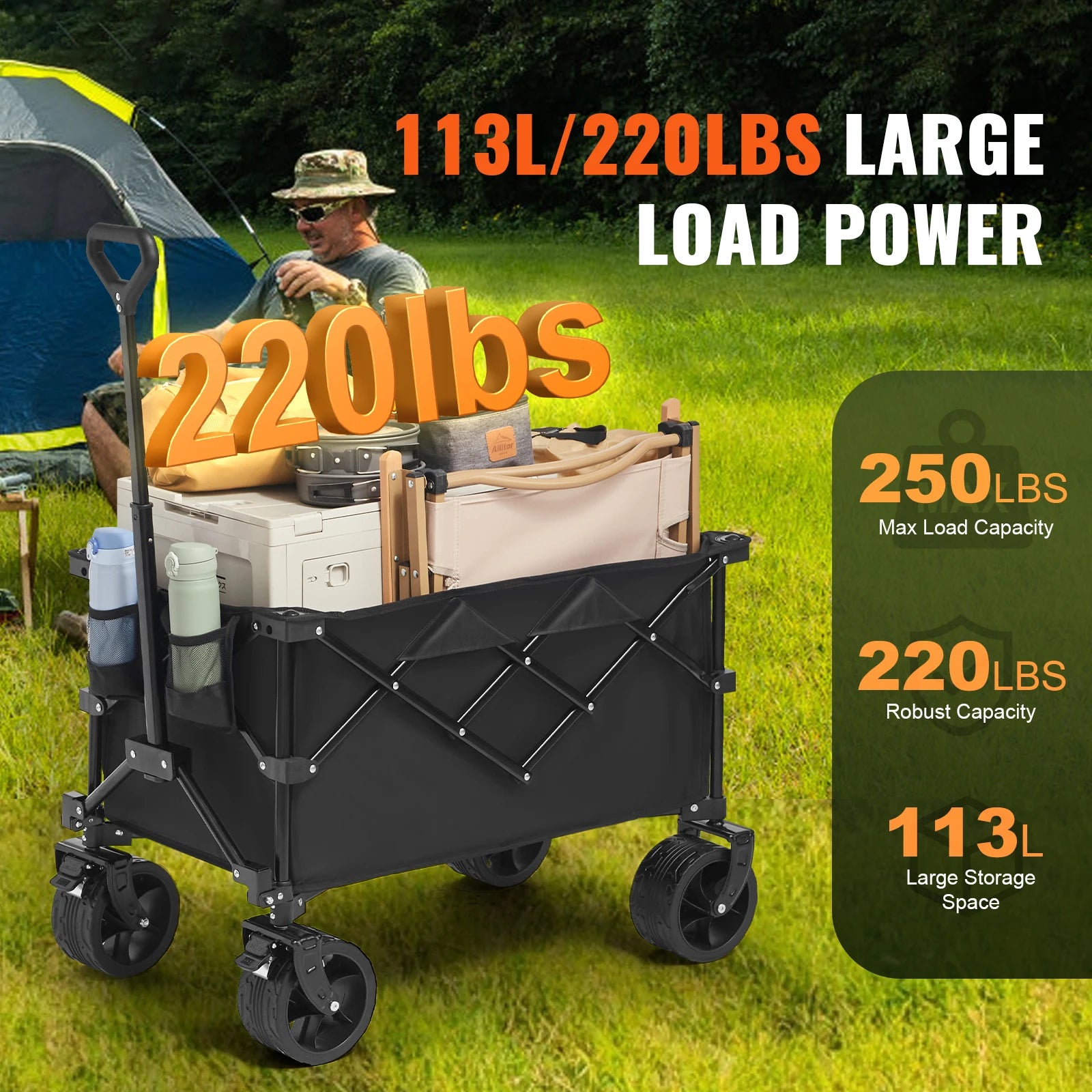 SucceBuy Collapsible Folding Wagon Beach Wagon Cart with All-Terrain Wheels Drink Holders Sports Wagon for Camping Shopping