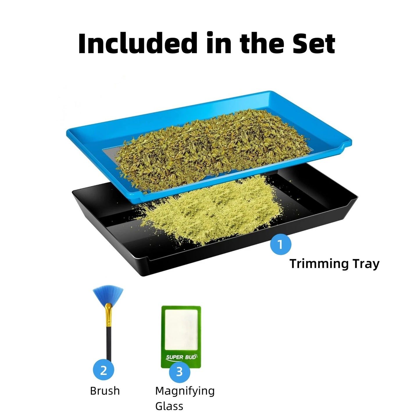 2-in-1 Trimming Tray Harvest Trim Bin Set for Buds Herb Flower Trimming Scissors 150 Micron Fine Mesh Dry Sift Pollen Screen