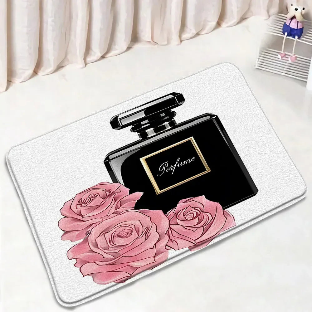 Fashion Perfume Shower Curtain Set Pink Rose Flower Modern Woman Girl Home Bathroom Decor Non Slip Rug Bath Mat Toilet Lid Cover