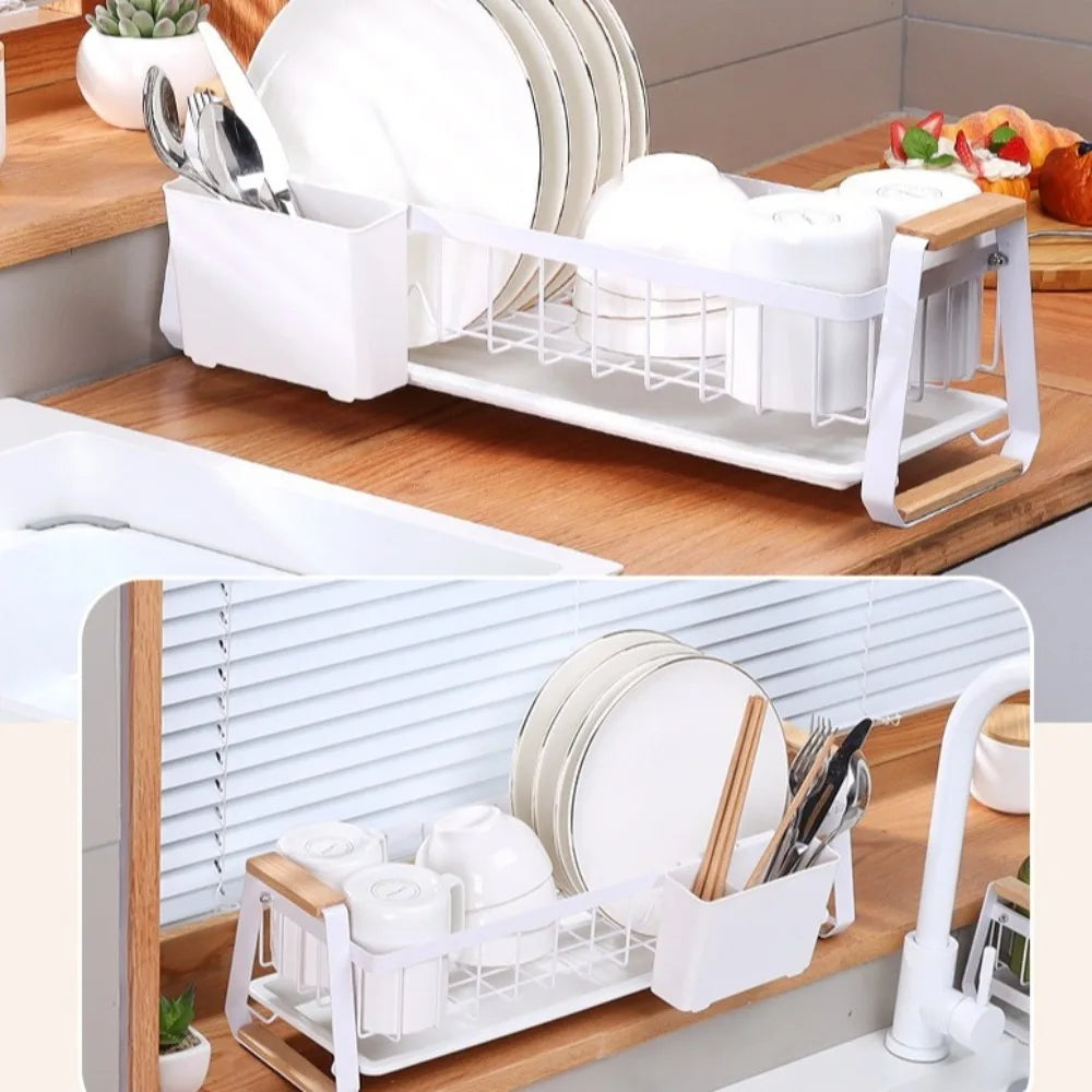 Detachable Kitchen Dish Rack Wooden Handle Large Capacity Dish Drying Drain Rack Dish Drainer Metal Frame Kitchen Organizer
