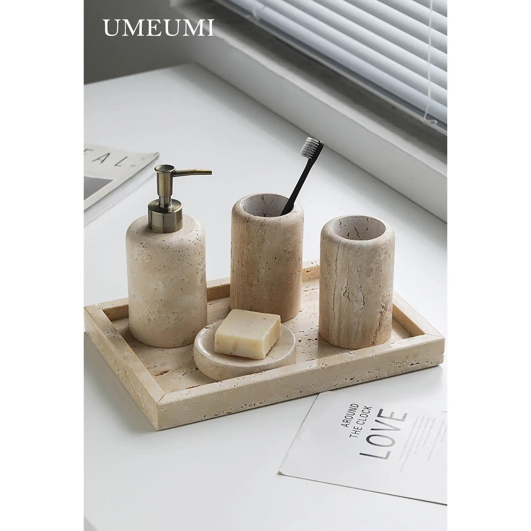 Luxury Travertine Bathroom accessories Toothbrush Holder Soap Dispenser Dish Natural Marble Home Modern Decoration
