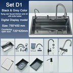 Stainless Steel Kitchen Sink with Faucet Digital Display Large Single Bowl Waterfall Rain 5 Functions System Dish Basin Sink