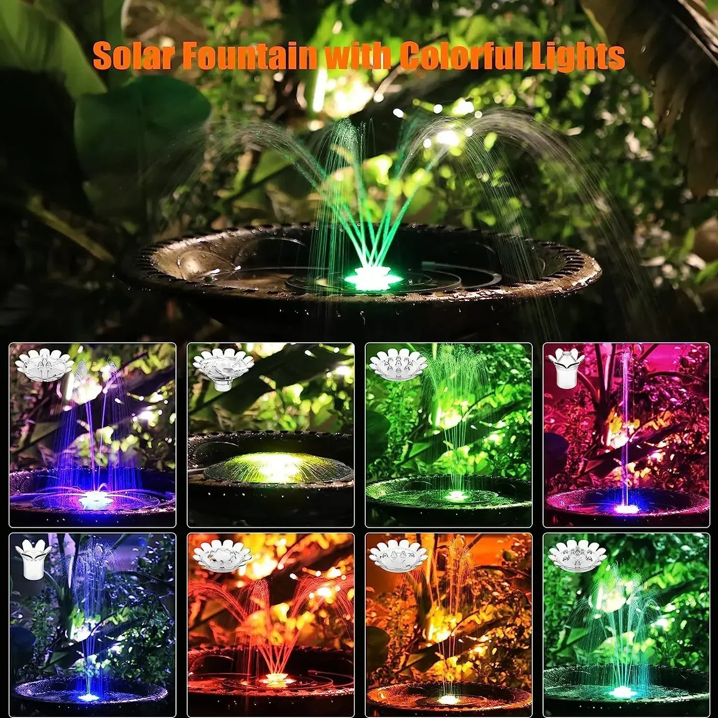 3.5W LED solar fountain pump with LED color light and 1500mah battery, 3 retractable supports for bird bath, pond, garden