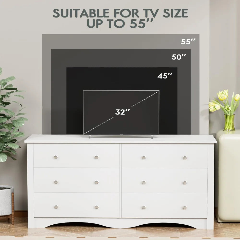 Dresser for Bedroom with 6 Drawer, Wood Wide Chest Storage Organizer and TV Stand for Living Room, Hallway, Dormitory