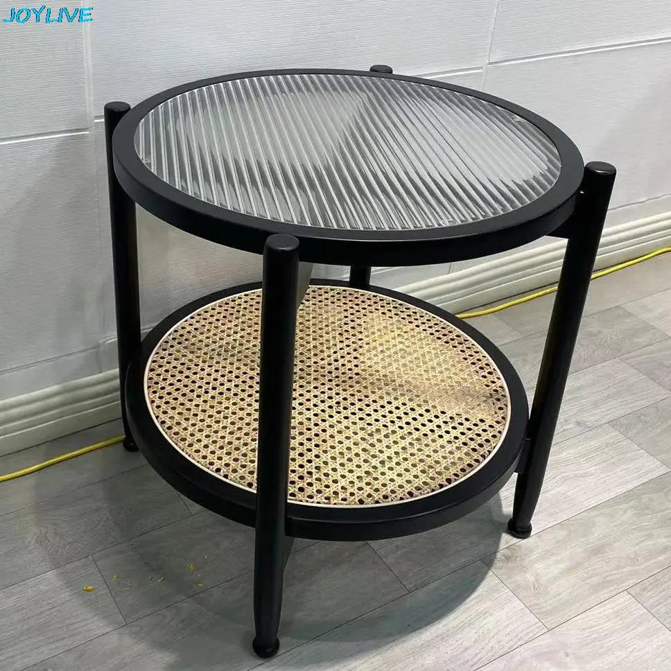 JOYLIVE Rattan Coffee Table Japanese Double Layer Detachable Solid Wood Table Glass Round Home Small Table 2022 New Dropshipping