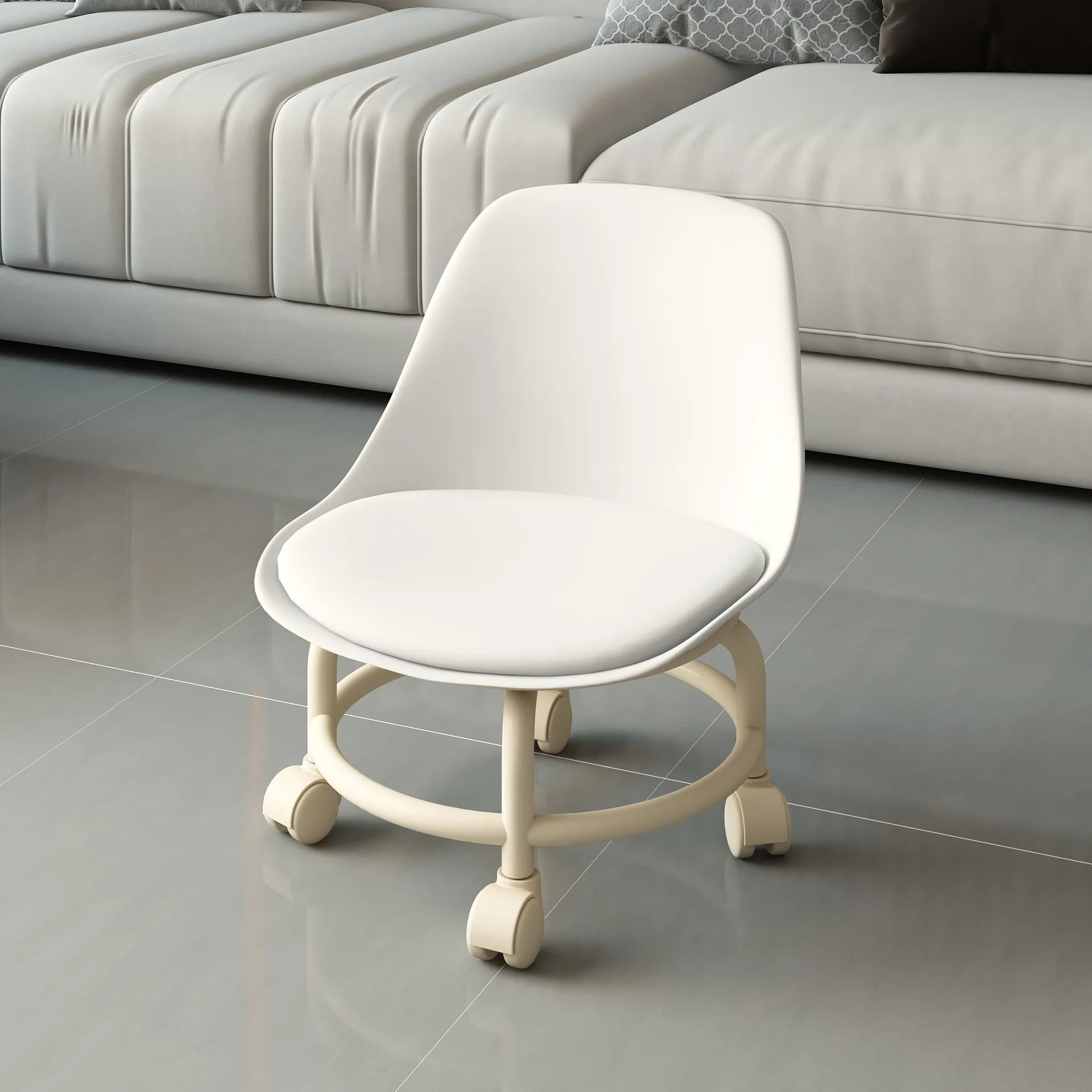 Universal Wheel Small Stool Waterproof Mobile Low Stools with Backrest Removable Seat Cushion Round Stool Household Accessories