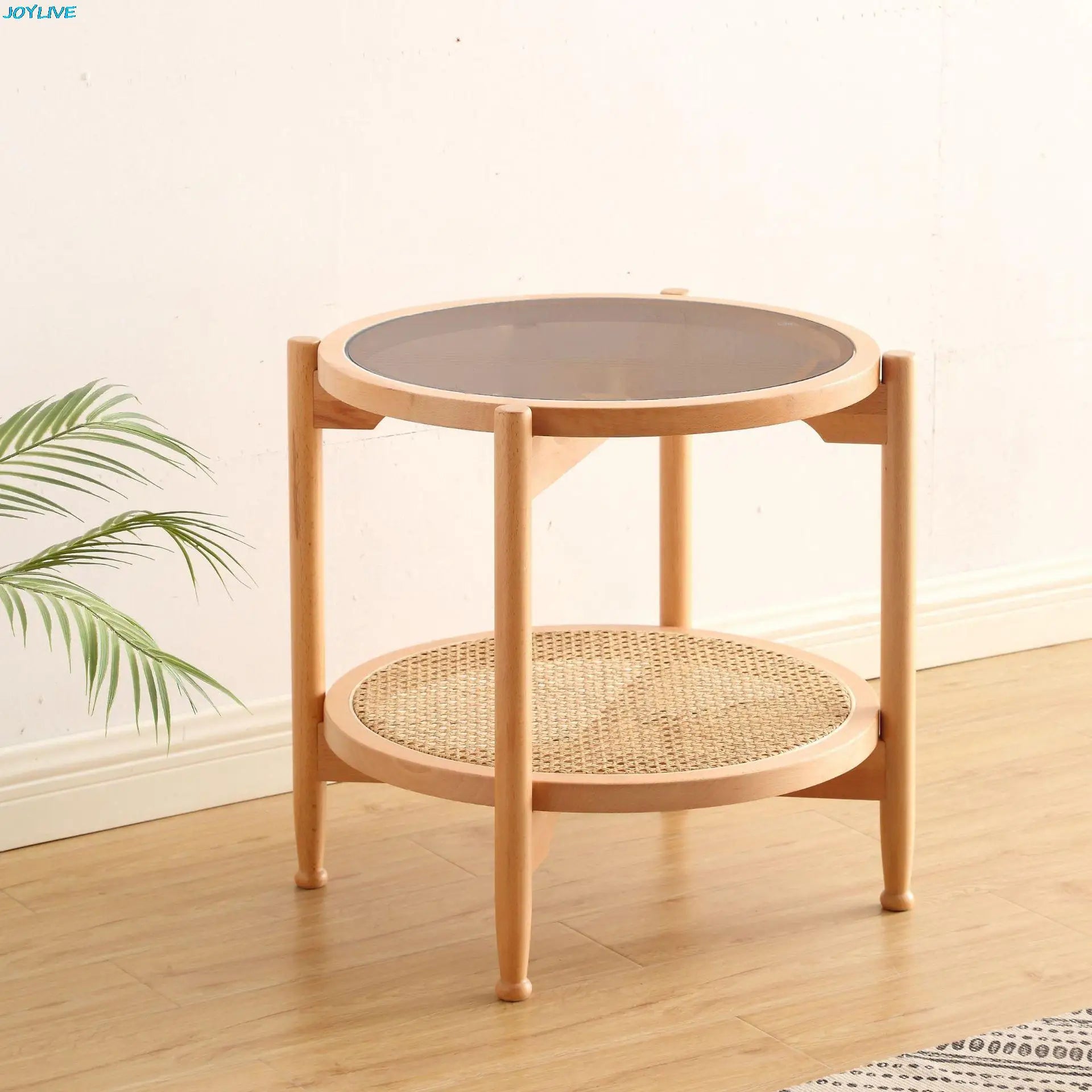 JOYLIVE Rattan Coffee Table Japanese Double Layer Detachable Solid Wood Table Glass Round Home Small Table 2022 New Dropshipping