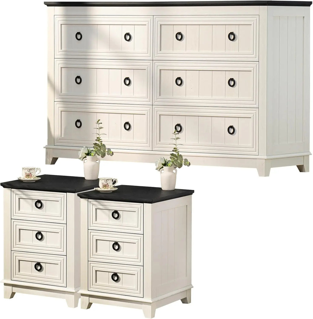 Farmhouse Dresser and Nightstand Sets 3 Piece, Nightstands Set of 2 and 6 Drawers Dresser for Bedroom, 58" Wide Dresser