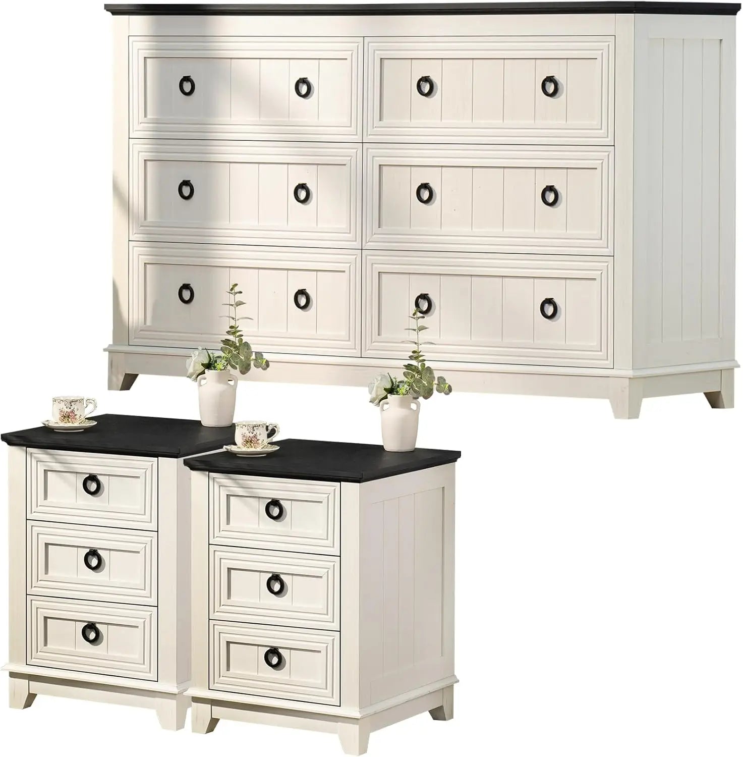 Farmhouse Dresser and Nightstand Sets 3 Piece, Nightstands Set of 2 and 6 Drawers Dresser for Bedroom, 58" Wide Dresser