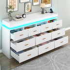 10 Drawer Dresser with LED Light and Charging Station, Modern Chest of Drawers for Closet, Wide Drawer Organizer Cabinet , White